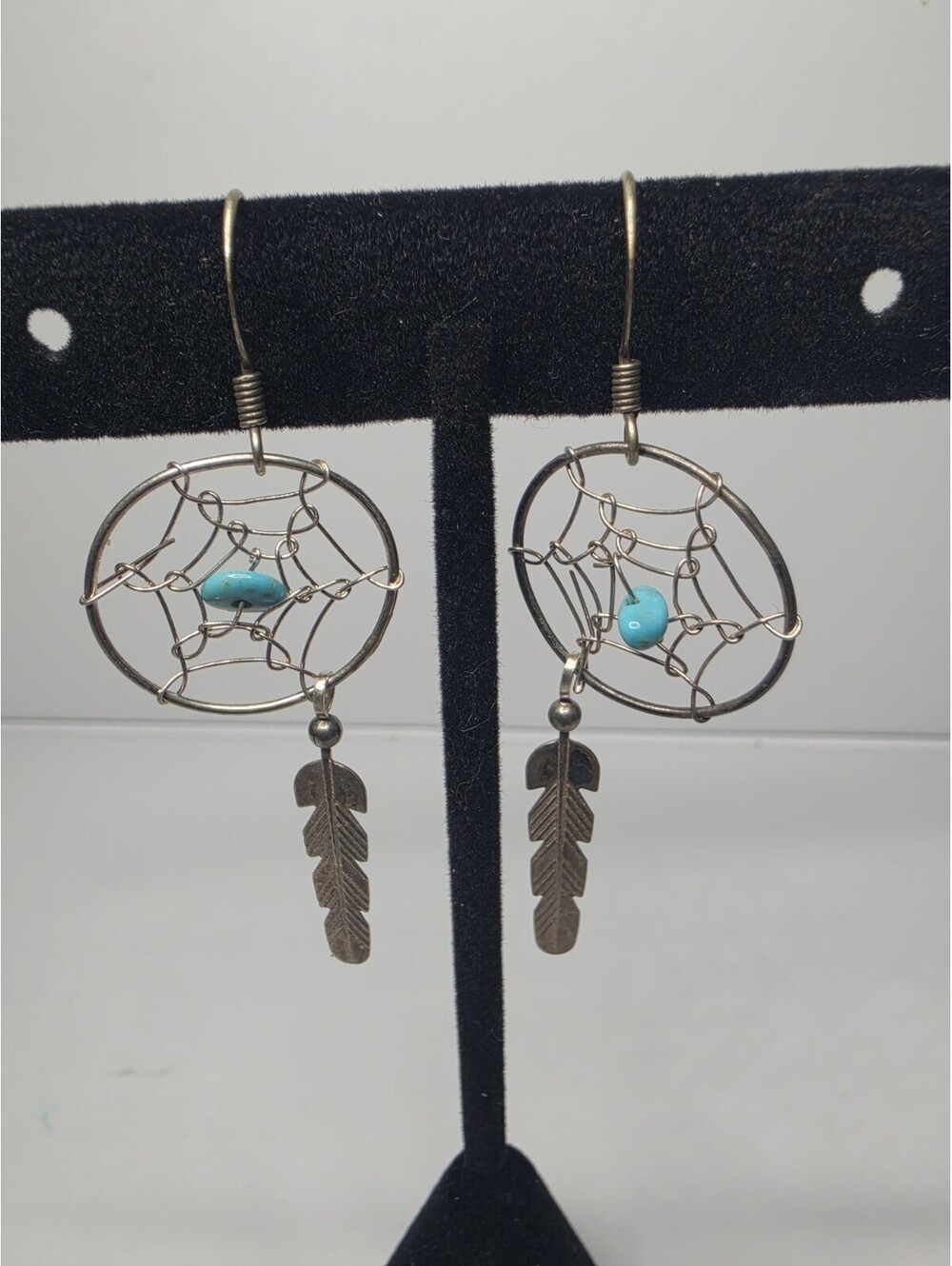 Sterling Silver Turquoise Dreamcatcher Dangle Feather Earrings Soutwestern